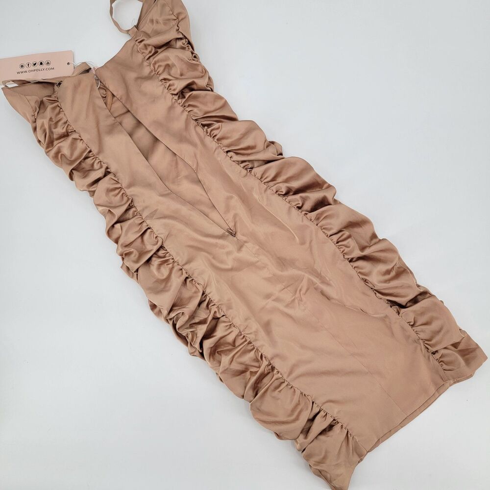 Oh Polly Womens 8 Tan Rouched Spaghetti Strap Underwire B Bra Bodycon Dress NWT - Picture 3 of 13